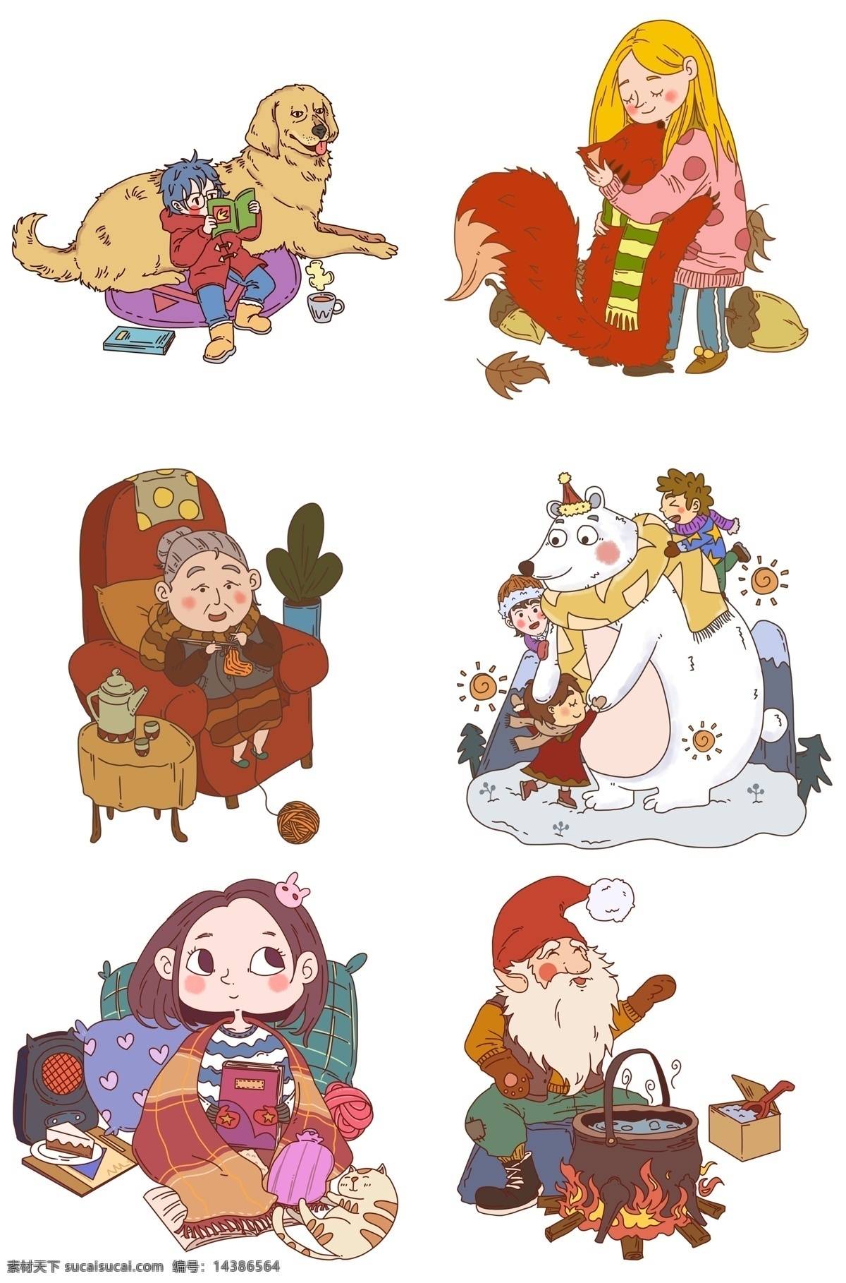 取暖 人物 合集 插画 红色的狐狸 黄色的小狗 漂亮的小女孩 红色的沙发 手绘 白色的大熊