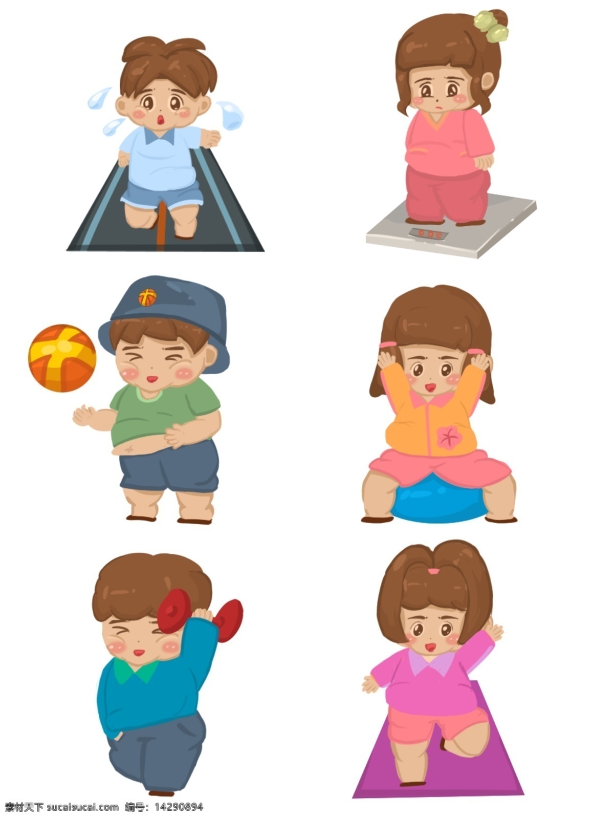 各种 肥胖 人物 形象 卡通 可爱 角色 运动 打篮球 跑步 瑜伽 哑铃