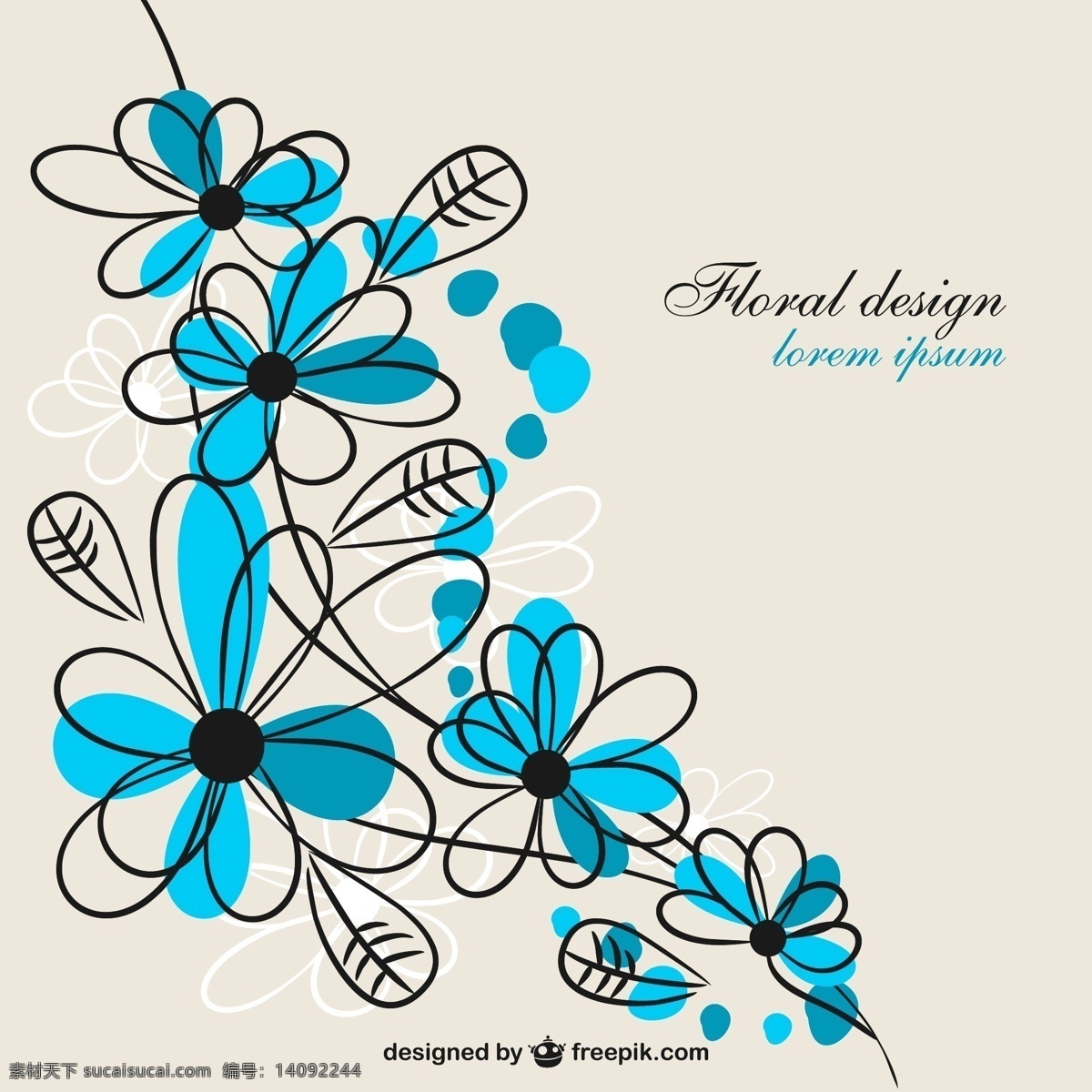 蓝色 花艺设计 背景 花 手 卡 模板 蓝色的背景 线 手绘 艺术 花卉背景 花园 图形 涂鸦 布局 白色