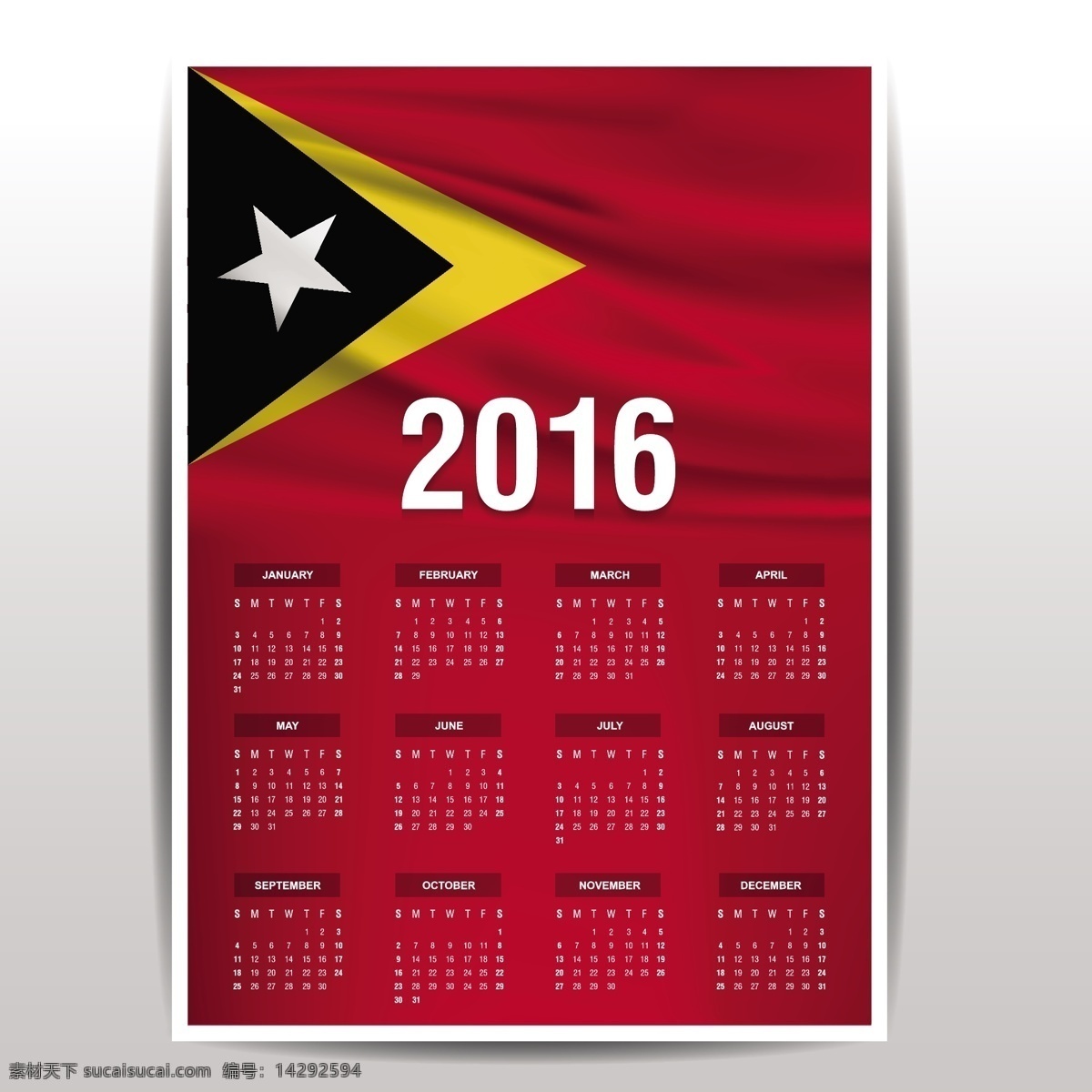 东帝汶 2016 日历 标志 模板 时间 数字 年份 国家 日期 月份 计划 爱国 一月 十二月 十一月 红色