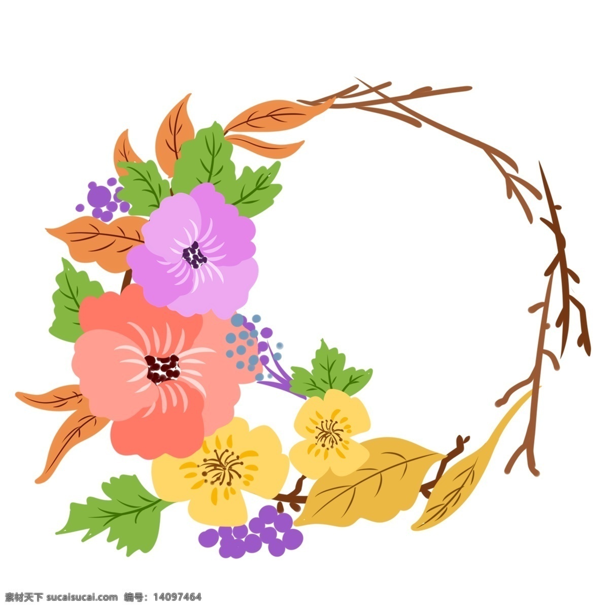 卡通 鲜花 花环 插画 鲜花花环 卡通花朵 漂亮的花环 圆形花环 花环边框 植物 绿叶装饰 花枝 树枝